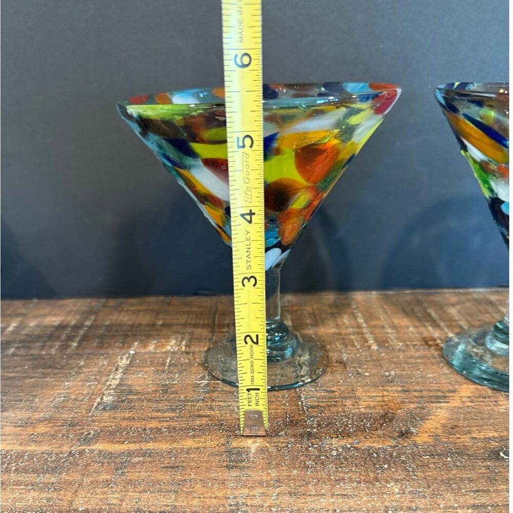 Set of 2 Mexican Hand Blown Confetti Margarita Glasses‎ Artisan Glass Barware - Picture 3 of 4